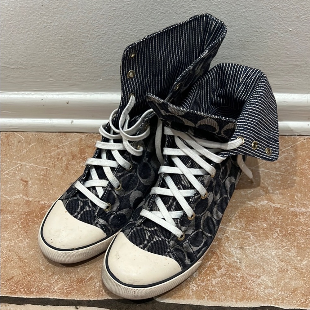 Y2K Coach Dark Jean and White High-Top Sneakers